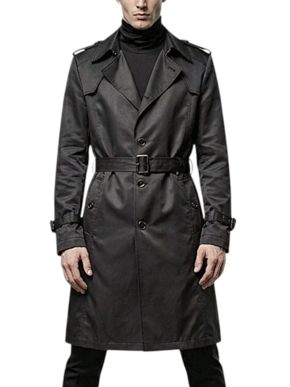 ZIOSONGZIO Korean designer black satin mid length belted minimalist trench coat